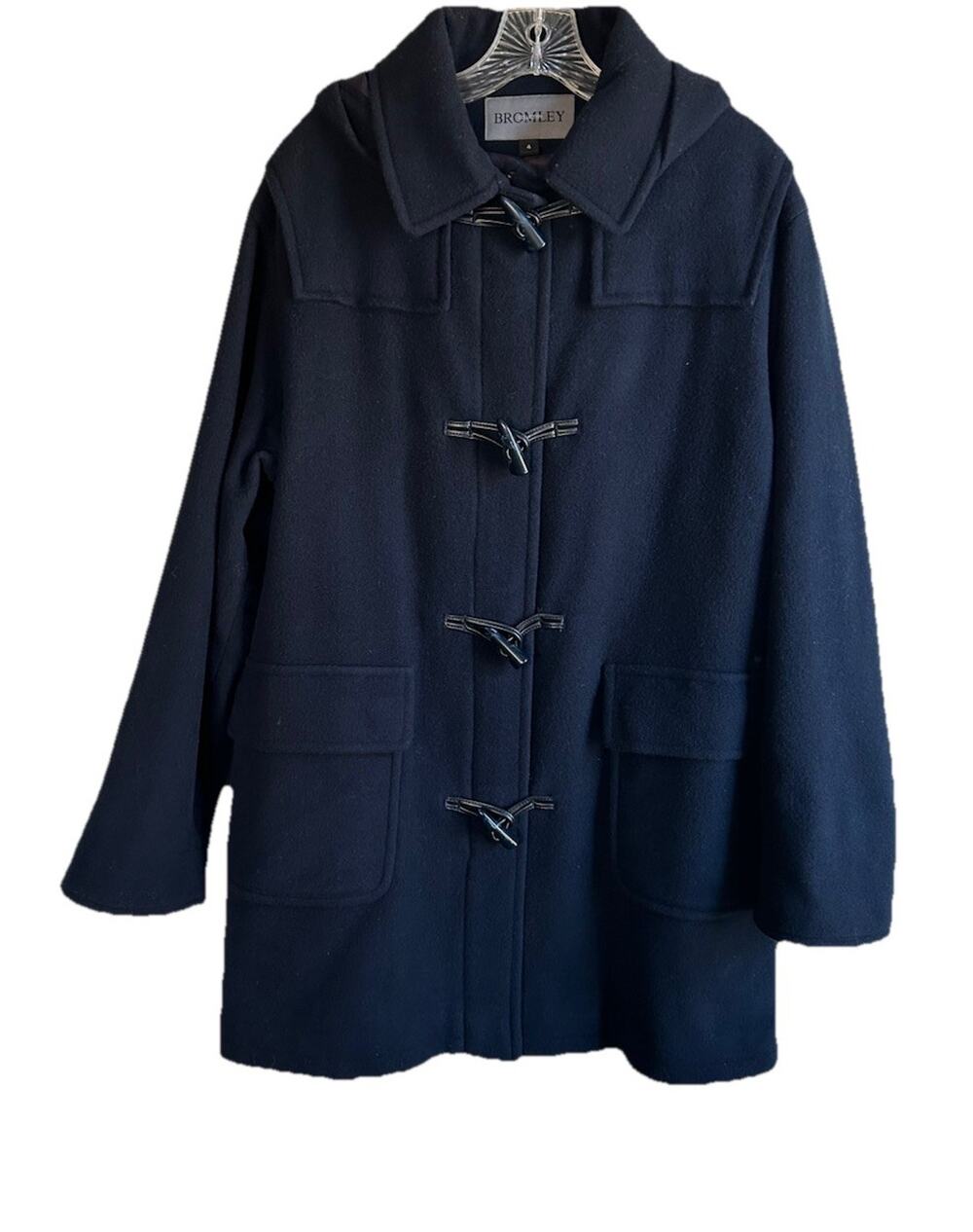 Vtg Bromley 100% Wool Toggle Jacket Coat Women’s 4 Navy Blue Hooded MADE USA